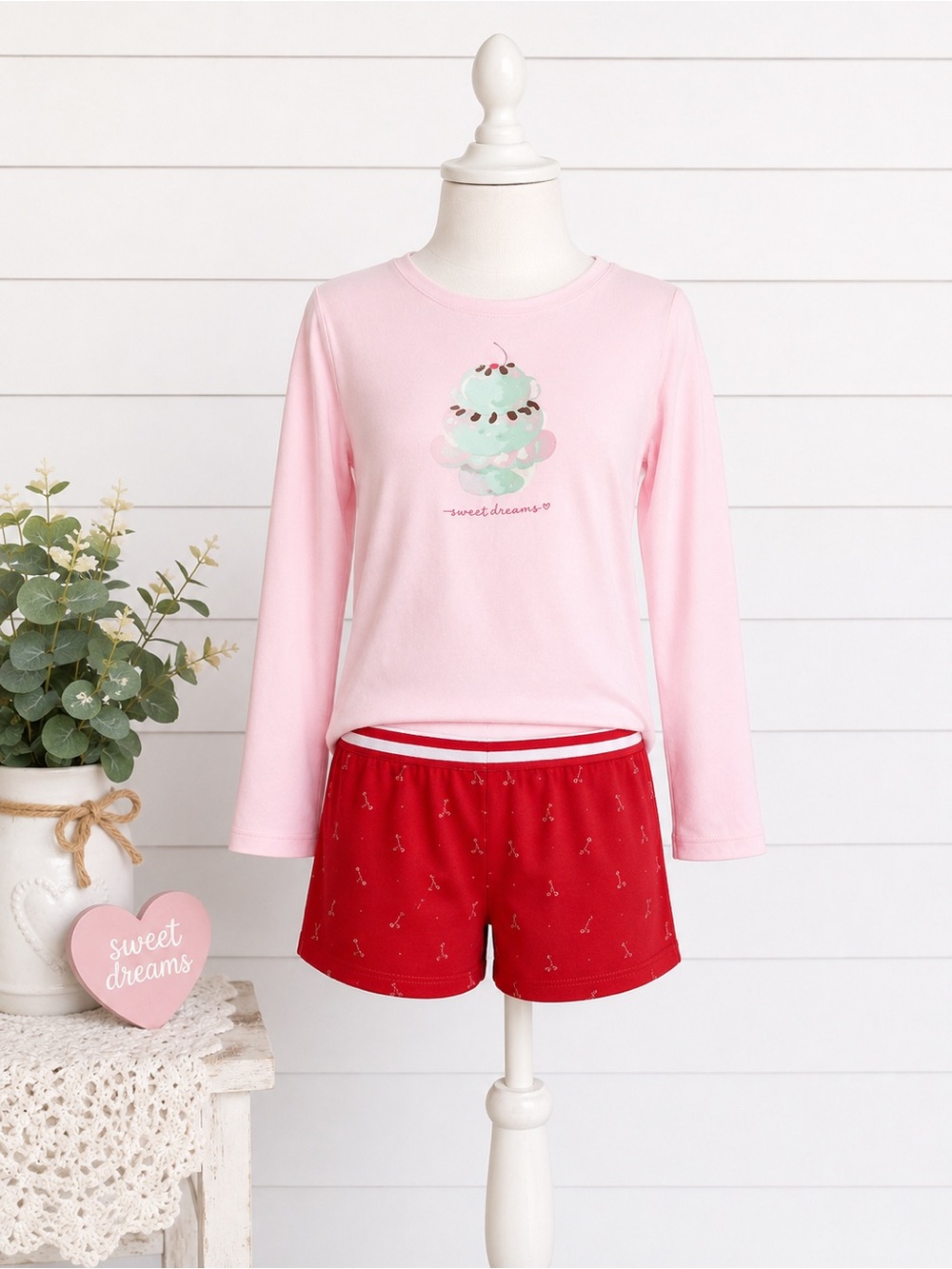 Art Class Girls Pink Ice Cream Pajama Set Long Sleeve Red Shorts Soft Sleepwear